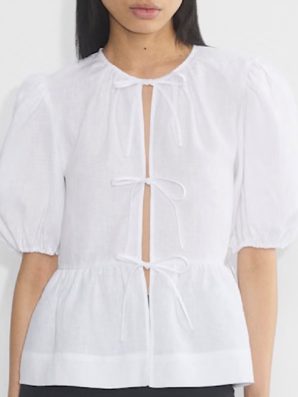 Aritzia Wilfred Style White Linen Puff Sleeve Tie-Front Blouse Peplum Top-XS